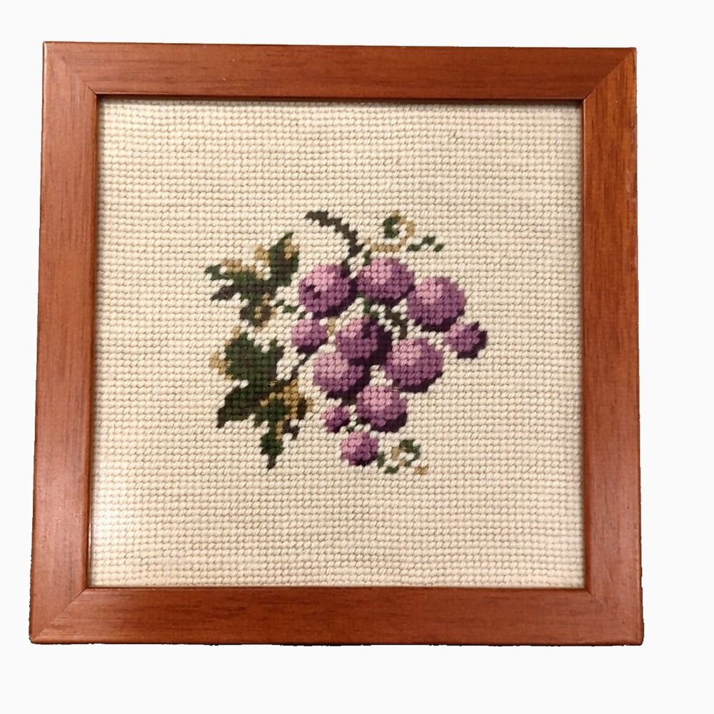 Cross Stitched Framed Completed Picture 8" x 8" Grapes Handmade Beige Purple -lp